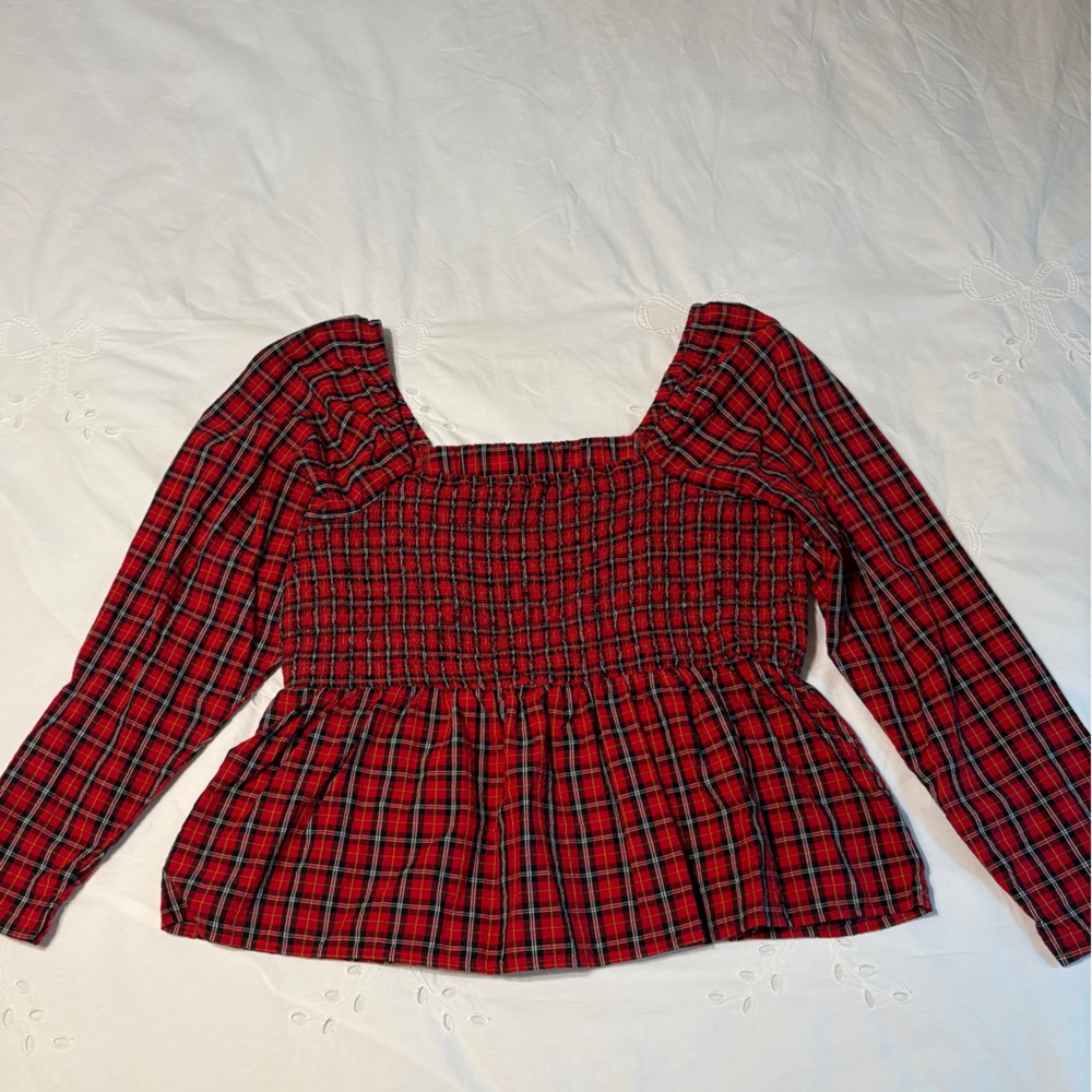 Old Navy Red and Black Smocked Peplum Blouse
